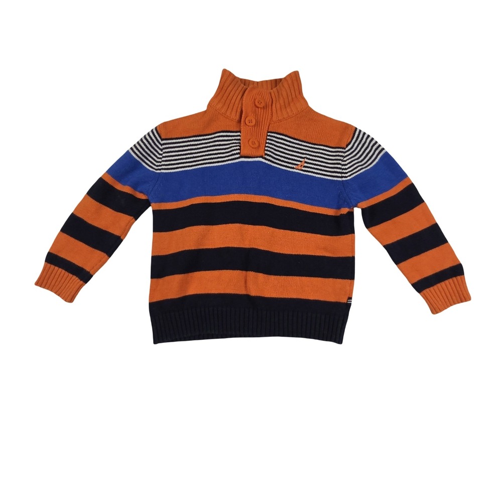 Nautica Boys Striped Mock Neck Button Pullover Sweater Orange Blue Nautical 3T